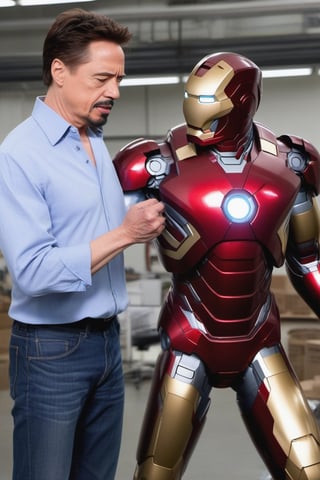 Tony Stark  working with Natasha Romanoff (Scarlet Johansson) testing an Iron Man armour