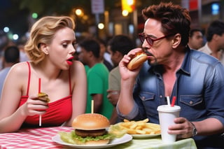 The sensual Scarlet Johansson and Robert Downey Jr eating hamburguers and drinking coke at night at a street stall