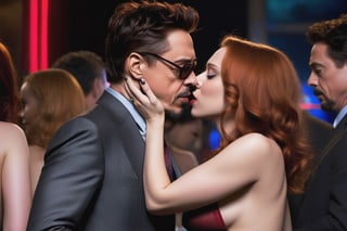 Tony Stark /Robert Downey Jr.) kissing beautiful Natasha Romanoff (Scarlett Johansson) in strip club. Full body,photo r3al