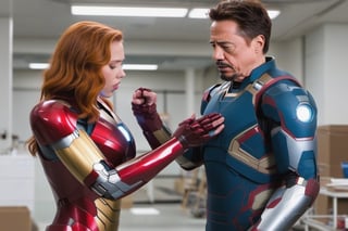 Tony Stark  working with Natasha Romanoff (Scarlet Johansson) testing an Iron Man armour