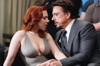 Tony Stark y Natasha Romanoff (Scarlet Johansson) jugueteando sensualmente en la sala, scarlett johansson, full body,scarlett johansson,photo r3al, 