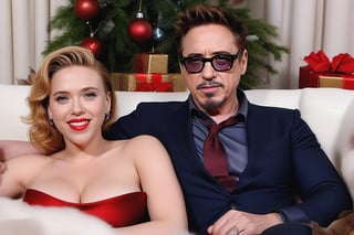 Robert Downey Jr. y la sensual Scarlet Johansson felices y enamorados en la sala con un arbol de navidad al fondo. hiperrealista, tetona, nalgona, piernuda, caliente,photo r3al,scarlett johansson