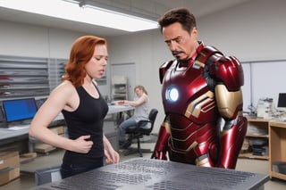 Tony Stark  working with Natasha Romanoff (Scarlet Johansson) testing an Iron Man armour