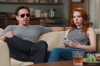 Tony Stark and Natasha Romanoff (Scarlet Johansson) watching tv at home, scarlett johansson, full body,scarlett johansson,photo r3al, 