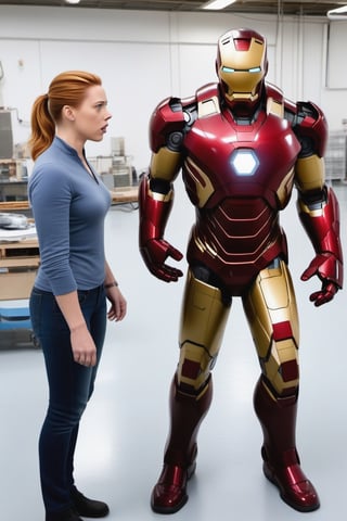 Tony Stark  working with Natasha Romanoff (Scarlet Johansson) testing an Iron Man armour