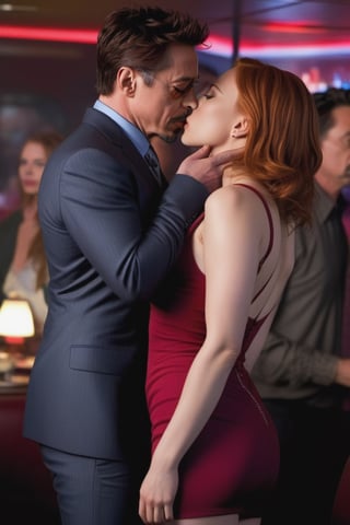 Tony Stark /Robert Downey Jr.) kissing beautiful Natasha Romanoff (Scarlett Johansson) in strip club. Full body,photo r3al