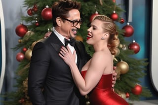Robert Downey Jr. vestido de Santa Claus y la sensual Scarlet Johansson felices y enamorados en la sala con un arbol de navidad al fondo. hiperrealista, tetona, nalgona, piernuda, caliente,photo r3al,scarlett johansson