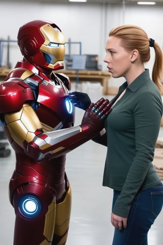 Tony Stark  working with Natasha Romanoff (Scarlet Johansson) testing an Iron Man armour