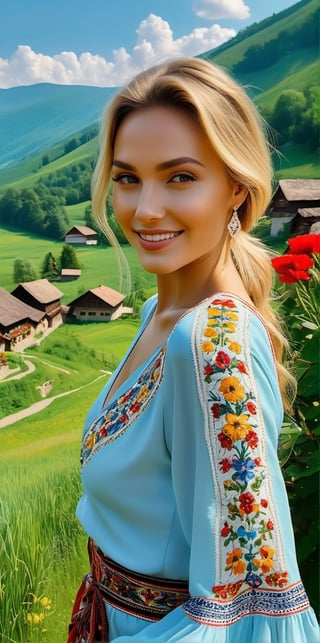 Generate a cinematic GoPro perspective (close up)capturing the enigmatic Russian supermodel as she visits an old Romanian village from the 1920s, nestled in the picturesque Maramureș area ,(vivid flowers and flowering trees next to wooden fences specific to the area), her striking blonde locks, piercing blue eyes, and a chic ponytail, she explores the village adorned in a traditional Romanian blouse, immersing herself in the cultural richness of the region. Against the backdrop of lush green grass, vibrant flowers, and charming old houses, she exudes an air of timeless elegance and grace. The GoPro photograph freezes her in a moment of enchantment, capturing the mesmerizing allure of the supermodel amidst the rustic beauty of the village's landscape. This close-up shot emphasizes her captivating smile and the interplay of natural lights, highlighting her beauty and the historical charm of the setting