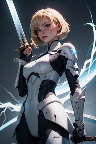EbonyWoman, short blonde hair, (hailoknight, Solo, 1girl, holding giant white energy sword infront of her, holding sword:1.3), (simple glowing background:1.25), masterpiece, best quality, wide-angle, Hyperdetailed, masterpiece, best quality, 8k, natural lighting, soft lighting, sunlight, HDR (High Dynamic Range), Maximum Clarity And Sharpness, Multi-Layered Textures