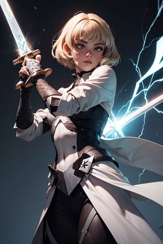 EbonyWoman, short blonde hair, (hailoknight, Solo, 1girl, holding giant white energy sword infront of her, holding sword:1.3), (simple glowing background:1.25), masterpiece, best quality, wide-angle, Hyperdetailed, masterpiece, best quality, 8k, natural lighting, soft lighting, sunlight, HDR (High Dynamic Range), Maximum Clarity And Sharpness, Multi-Layered Textures