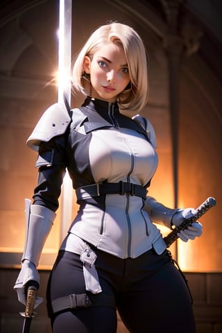 Enjinight, short blonde hair, (hailoknight, Solo, 1girl, holding giant white energy sword infront of her, holding sword:1.3), (simple glowing background:1.25), masterpiece, best quality, wide-angle, Hyperdetailed, masterpiece, best quality, 8k, natural lighting, soft lighting, sunlight, HDR (High Dynamic Range), Maximum Clarity And Sharpness, Multi-Layered Textures,enjinight