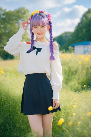 (1 girl:1.5, loli:1.3,cute girl:1.2, cos:1.2, teen girl, moe) Kindergarten,double bun,gray gradient hair,air bangs,double braids,(smiling:1.2),latex,jitome,border,Altostratus,(Sky:1.2),(Colorful Cloud:1.8) Landscape,Outdoor,Solo,Long Hair,Trees,Flowers,Skirt,Sitting,Shoes,(Grass: 2) (Dew:1.1),Buildings,spectators,signs,long sleeves,power poles,Landscape,sports shoes,open clothes,purple flowers,collarbone,off shoulder,Red flowers,roads,white shoes,wires,(Yellow flowers, pink flowers, white flowers:1.5),