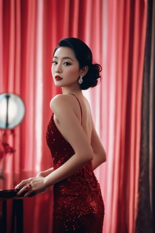 Classic Hollywood glamour, asian girl in a stunning red evening gown, dazzling accessories, (captivating eyes, red lips, flawless skin), luxurious backdrop, velvet curtains, dramatic pose, interesting composition, spotlight illumination, rich shadows, shallow depth of field, sparkling bokeh, exquisite details, high-resolution, 35mm film, timeless elegance. portrait photography, 35mm film, natural blurry