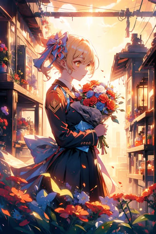   normal body, adult woman, dressed with flowers, holding a bouquet, sunset, look, Masterpiece, beautiful details, perfect focus, uniform 8K wallpaper, high resolution, exquisite texture in every detail, ,yoimiya
