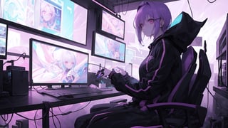 1female,2 hands, sexy eyes, short hair purple hair with white tufts, short braids, cap, large breasts:1.4, gorgeous breasts, tattoo on neck,electric pink eyes,High detailed ,game room concept,playing at computer,hacking, purple lights, light green lights, profile view,black hoodie,hood raised with hair visible,soft lights, window city lights background, night_time outside,night_sky, planets,stars, dark atmosphere, cyberpunk room, cyberpunk lights,neck tattoo,  gaming chair, gaming computer desktop
,Futuristic room, left hand on keyboard, right hand on mouse,anime,realism