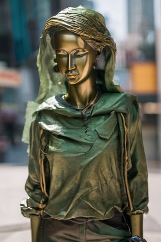 ((1 Bronze Green Bronze Female Figure)), 18 years old, mysterious beauty, ((made of bronze green material)), head and face also made of bronze green bronze, wearing a T-shirt, long cargo pants, and lace-up boots Dynamic pose, on the sidewalk, daytime big city, absurdity, close-up shot of the upper body,