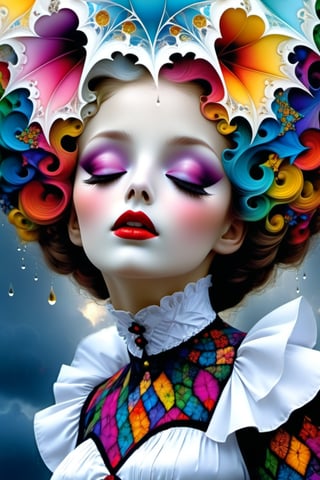 (Fractal Art: 1.3), (Colorful Colors), 
 (eroticism :1.36), White Elegance, A morbid beauty in a  Lolita costume, Eyes closed, mouth open looking up at the rainy sky with a melancholy expression,