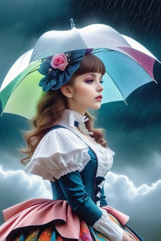 (Fractal Art: 1.3), (Colorful Colors), White Elegance, A morbid beauty in a Gothic Lolita costume,  looking up at the rainy sky with a melancholy expression,