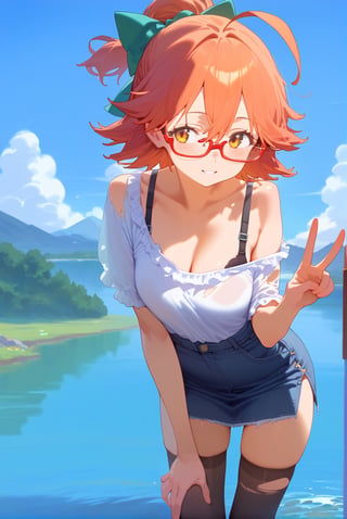 score_9, score_8_up, score_7_up, 
1girl,sakura miko,ahoge,hair bun,short hair,nsfw,
leaning forward,hand on thigh,peace sign,from front,
red-frameed eyewear,semi-rimless_eyewear,hair bow,loose shirt,frilled shirt,off shoulder,side slit,denim skirt,micro skirt,no panties,torn thighhighs,black thighhighs,black bra,bra visible through clothes,
parted lips,happy,
outdoor,depth of field,mountain,under tree,lake,flower,scorching sun,summer,