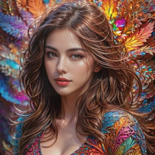 (Masterpiece, Best Quality), Intricately Detailed, 8k, Art Station, Wallpaper, Official Art, Splash Art, Sharp Focus, 1 Girl, Brown Hair, (Fractal Art: 1.4), Colorful, Most Detailed, (Zentangle: 1.4 ), facing forward, (abstract background: 1.5), (many colors: 1.4), 1 woman, (bust shot), mature woman, beautifully tousled hair, bewitching, sexy, gentle smile, harmonious Vignette, Highly Detailed, Neon Lights, Highly Detailed, Digital Painting, Art Station, Concept Art, Sharp Focus, Background by Heri Irawan, Hyperrealistic, Photorealism, Beautiful Face, Enhanced Hands, 3D, shadows, diagonal lighting, octane rendering, dripping paint,