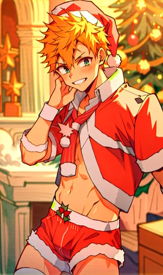 masterpiece,best quality,1boy,solo,male focus,random pose, smile,happy,christmas theme,santa outfit,only underwear,santa hat,indoors
