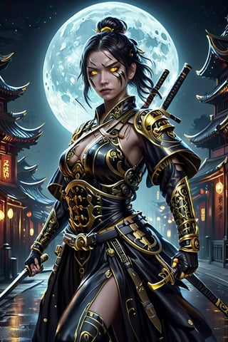 samurai midevil female in satin black with gold markings, oriental, oriental, in combat in the dark scary moonlight city street,futuristic, metal adorning, glowing color inside, hollow inside, glossy, ray tracing, LinkGirl