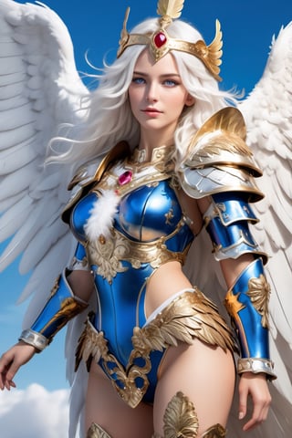 hot nordic adult female wearing sexy skin tight ornate blue and gold suit of armor with rubies, elaborate detailed white feather head piece, magestic white eagle wings spread, photo real, realistic, perfect face, bright blue eyes, petite nose, long wavy white hair, full body shown