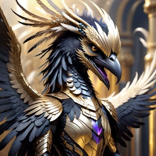 create a mystical dragon raven hybrid creature with long flowing feather tentacles and head covered in feathers, gold art deco armor, gorgeous wings, fantasy magical image,futuristic,AiArtV