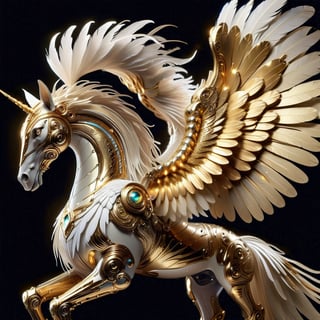 create a mystical horse hybrid creature with long flowing feather tentacles and head covered in feathers, gold art deco armor, gorgeous wings, fantasy magical image,futuristic