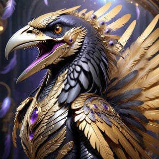 create a mystical Tyrannosaurus rex raven hybrid creature with long flowing feather tentacles and head covered in feathers, gold art deco armor, gorgeous wings, fantasy magical image,futuristic,AiArtV