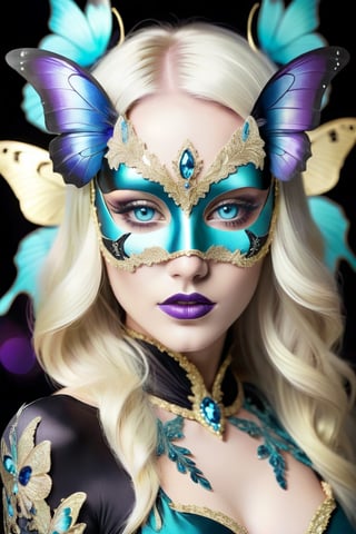 female made from the most beautiful women in the world, cyan crystal eyes, sexy long light blonde and metallic blue hair, butterfly raven masquerade mask, sexy full body outfit, diamonds, gemstones, feathers, silk, black, gold, purple, super detail, super realistic, 4k, expert lighting, glamour shot, perfect symmetry, jewelery, make-up, metallic blue and gold marble fractal background

