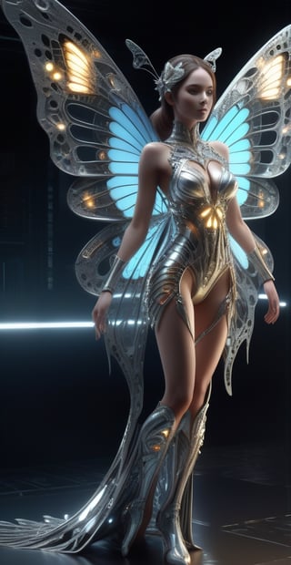 female body adorned in metal butterfly wings, fractal design, intracate, detailed, ultra layered details, beautiful, diamond lights, organic flow, standing facing camera, full_body