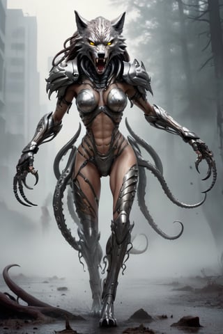 human female warrior wolf hybrid predator creature made from liquid metal, tentacles, fearsome, long sharp teeth, stalking you on a futuristic battlefield, fog,girl