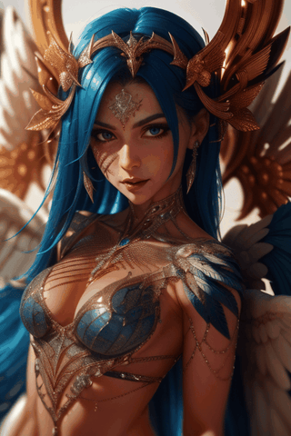 female body adorned in metal feathers and wings, fractal design, intricate, detailed, ultra layered details, beautiful, diamond lights, organic, white, gold, deep shiny metal blue, flow, face_focus, futuristic, walking towards camera until face close_up, wind blown hair