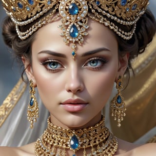 female face, ultra detail, ultra crisp, adorned in jewelery, goddess, queen, royal, beautiful