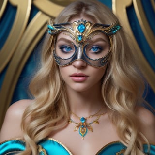 female made from the most beautiful women in the world, hot sexy, pefect face, super realism, photo real, long light blonde wavy hair, cyan crystal eyes, raven masquerade mask, feathers, silk, super detail, super realistic, 4k, expert lighting, glamour shot, perfect symetry, jewelery, make-up, metallic blue and gold marble background