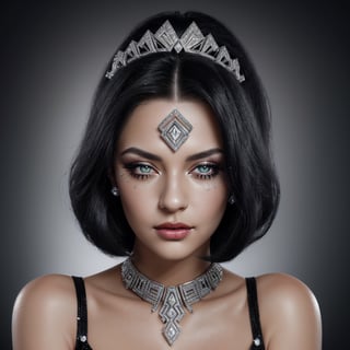 female made from the most beautiful women in the world,  grey eyes,  sexy raven black hair,  glitter and diamonds in hair, super detail,  super realistic,  4k,  expert lighting,  glamour shot,  perfect symetry,  art deco jewelery, make-up
