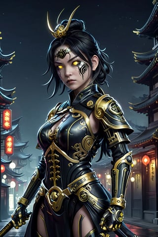 samurai midevil female robot cop in satin black with gold markings, oriental, oriental, in combat in the dark scary moonlight city street,LinkGirl