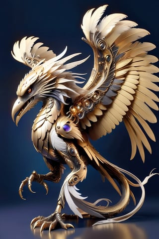 create a mystical dragon raven hybrid creature with long flowing feather tentacles and head covered in feathers, gold art deco armor, gorgeous wings, fantasy magical image,futuristic,AiArtV, metal adorning