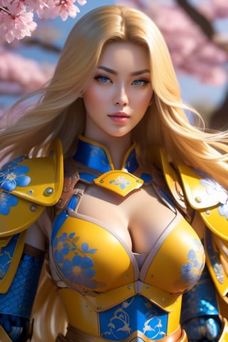 A beautiful woman with long blonde hair, dressed in yellow samurai armor, large breasts, blue eyes, with sakura flower in the background, soft lighting, finely detailed features, intricate brushstrokes, beautiful lighting, cinematic, color gradation, depth of field, intricate details, Unreal Engine, Character Concept Art, creative, expressive, stylized anatomy, digital art, 3D rendering, unique, award-winning, Adobe Photoshop, 3D Studio Max, well-developed concept, distinct personality, consistent style, HW