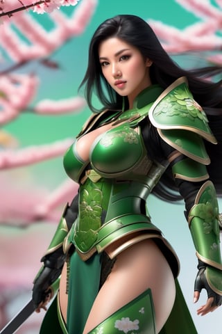 A beautiful woman with long black hair, dressed in green samurai armor, large breasts, green eyes, with sakura flower in the background, soft lighting, finely detailed features, intricate brushstrokes, beautiful lighting, cinematic, color gradation, depth of field, intricate details, Unreal Engine, Character Concept Art, creative, expressive, stylized anatomy, digital art, 3D rendering, unique, award-winning, Adobe Photoshop, 3D Studio Max, well-developed concept, distinct personality, consistent style, HW