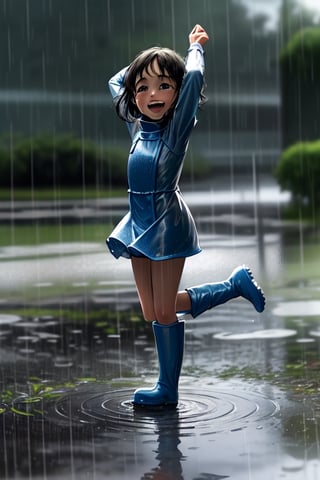 The little girl cheered happily as she danced around in the rain and jumped into the puddle with her rubber boots.