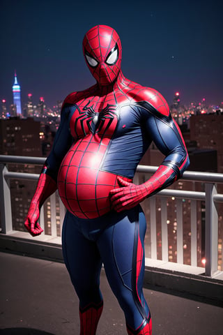 Spider-Man, Spider-Man, Male, 1boy, Age: 25 years Height: Medium (about 1.75 meters). outdoors, standing, on_rooftop, new_york_skyline, skyline_background, midnight, nighttime , provacative_pose, sexy, hyper_bulge, crotch_bulge,man_boobs, manboobs, mobs,spider-man costume, Spider-Man_suit, masked, mask_on, faceless, man_boobs, moobs, manboobs, round_belly, large_belly, belly_inflation, muscle_gut, big_belly, round_belly, looks_pregnant, Mpreg,male_pregnant, very_pregnant, pregnant_belly,  knocked_up, gravid, hyper_belly, gut, belly, overweight_male,superchub, clothed, perfect_hands