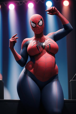 Solo, Spider-Man, Spider-Man, 1_girl, female, Age: 20 years Height: Medium  , indoors, provacative_pose, sexy,spider-man_costume, Spider-Man_suit, faceless, oversized_breasts, huge_boobs, chubby_female,perfect_hands, viewed_from_front, no_face, Spider-Man_mask, shaved_head, covered_face, covered_eyes, dancing, nightclub, night_club,  eyes_covered, hairless, no_hair, on_stage, full_body,spider-man_costume, chubby_female, weight_gain, fattening, overweight, plump, obese, obese_female,chubby_girl, perfect_hands,