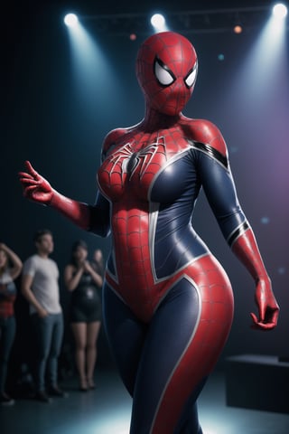 Solo, Spider-Man, Spider-Man, 1_girl, female, Age: 20 years Height: Medium  , indoors, provacative_pose, sexy,spider-man_costume, Spider-Man_suit, faceless, oversized_breasts, huge_boobs, chubby_female,perfect_hands, viewed_from_front, no_face, Spider-Man_mask, shaved_head, covered_face, covered_eyes, dancing, nightclub, night_club,  eyes_covered, hairless, no_hair, on_stage, full_body,spider-man_costume, chubby_female, weight_gain, fattening, overweight, plump, obese, obese_female,chubby_girl, perfect_hands,