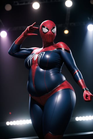 Solo, Spider-Man, Spider-Man, 1_girl, female, Age: 20 years Height: Medium  , indoors, provacative_pose, sexy,spider-man_costume, Spider-Man_suit, faceless, oversized_breasts, huge_boobs, chubby_female,perfect_hands, viewed_from_front, no_face, Spider-Man_mask, shaved_head, covered_face, covered_eyes, dancing, nightclub, night_club,  eyes_covered, hairless, no_hair, on_stage, full_body,spider-man_costume, chubby_female, weight_gain, fattening, overweight, plump, obese, obese_female,chubby_girl, perfect_hands,