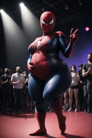 Solo, Spider-Man, Spider-Man, 1_girl, female, Age: 20 years Height: Medium  , indoors, provacative_pose, sexy,spider-man_costume, Spider-Man_suit, faceless, oversized_breasts, huge_boobs, chubby_female,perfect_hands, viewed_from_front, no_face, Spider-Man_mask, shaved_head, covered_face, covered_eyes, dancing, nightclub, night_club,  eyes_covered, hairless, no_hair, on_stage, full_body,spider-man_costume, chubby_female, weight_gain, fattening, overweight, plump, obese, obese_female,chubby_girl, perfect_hands,