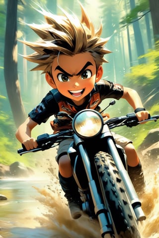 Anime artwork.  12 year old boy. Jaimito   with dark glasses driving on an off-road motorcycle, very windy, 3D, depth of field, motion blur, dirt road racing in a forest crossing a stream, dusty, reflections, water splashes, smile with open mouth, contact viewer visual,
. art by J.C. Leyendecker, anime style, key visual, vibrant, studio anime,  highly detailed,LaxpeintXL