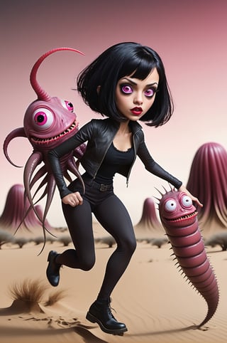red cartoon character. Vampy is ((13 years old))) and is a vampire girl. She has ((((short black hair, (((bob haircut)))) and red eyes. (pink skin). She is gothic. modern dark costume.
Vampy, hot desert, vibrant lighting, scared look, running away, giant monster worm in the background, full length photo. very hot environment,rebsonya,PEOPShockedFace
Ultra-high detail, All styles of Craola artists. Dan Mumford, Andy Kehoe and Luis Royo, with a double exposure effect on cracked paper texture and vibrant colors